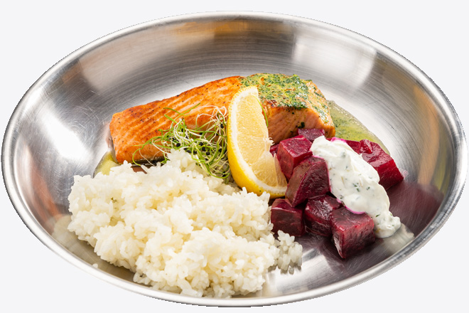 Photo Dish Salmon with rice, beets and sauce