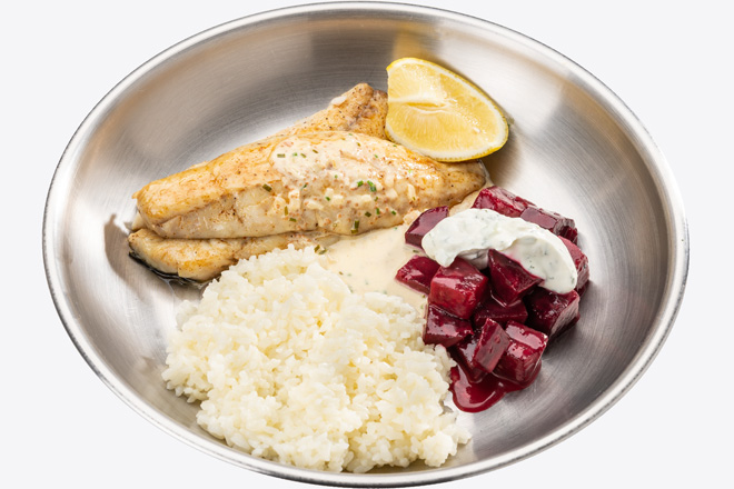 Photo Dish Dorado fillet with rice, pickled beets and sauce